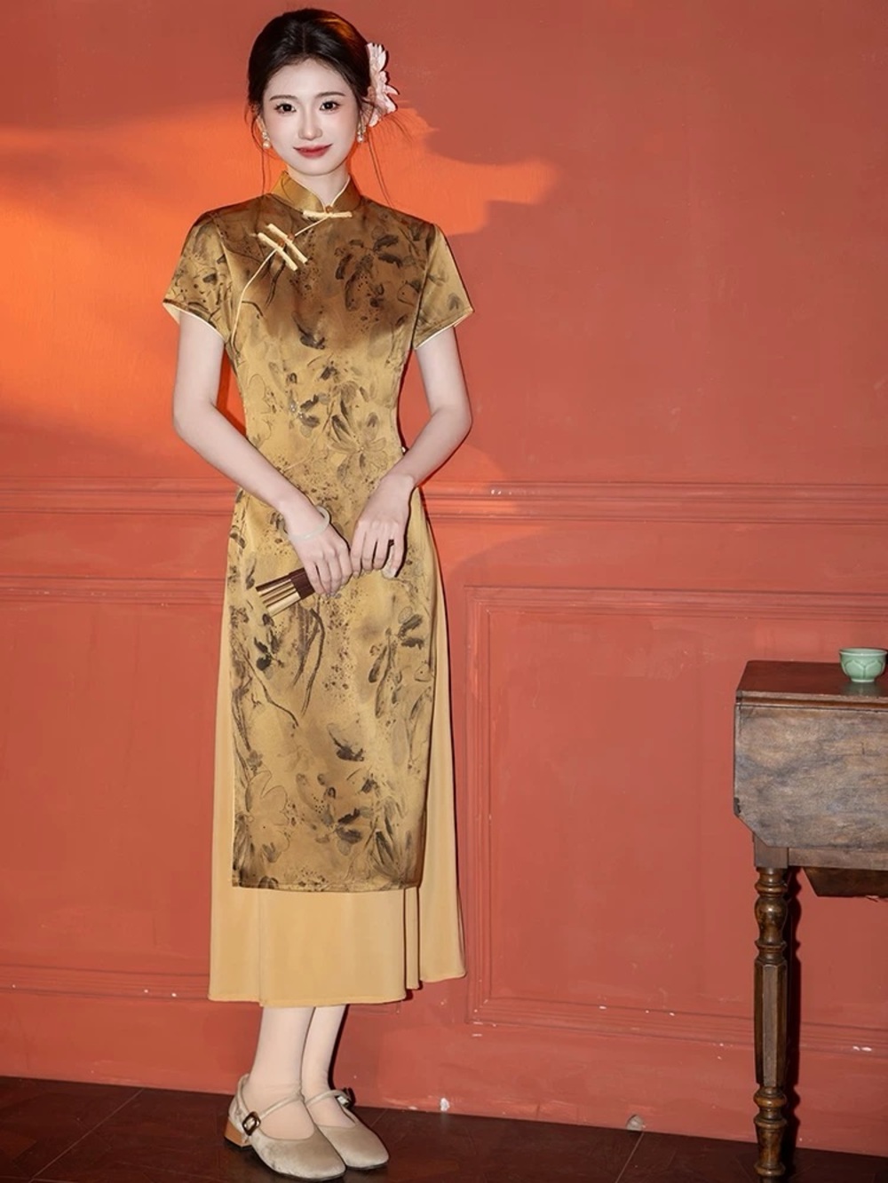 A62 Mandarin Collar Midi Dress in Mustard
